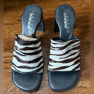 Shannon Diego Calf Hair Zebra Print Stripes Cream Brown Vintage Heel Sandals 7.5